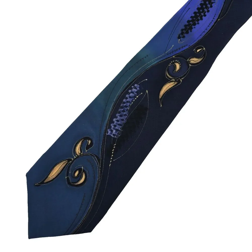 Vintage Robert Daskal Hand Painted Silk Tie Necktie Blue Signed